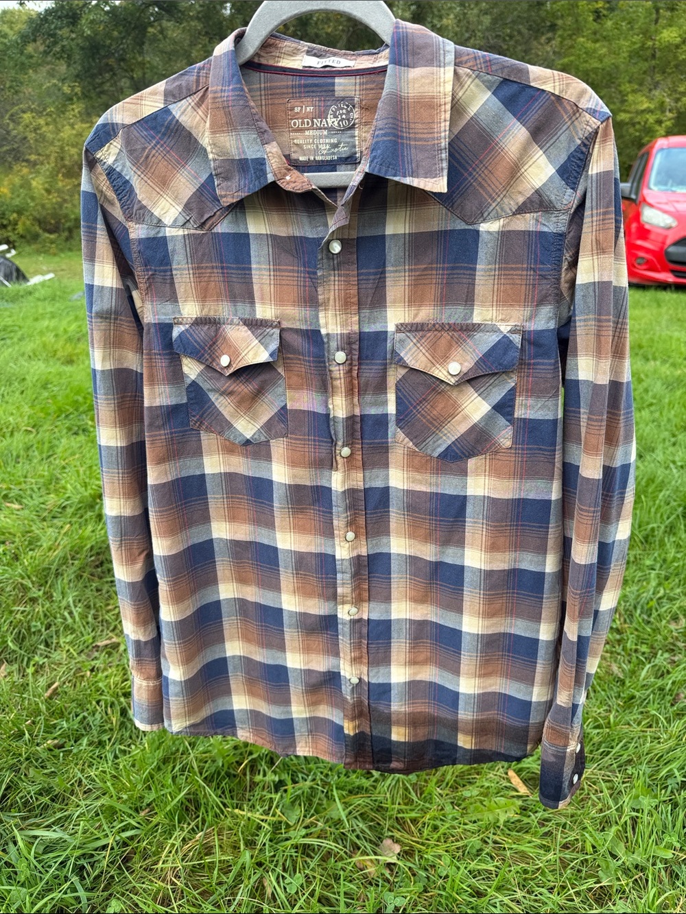 Old Navy Plaid Western Shirt Pearl Snaps Double Yoke back 100% cotton Americana